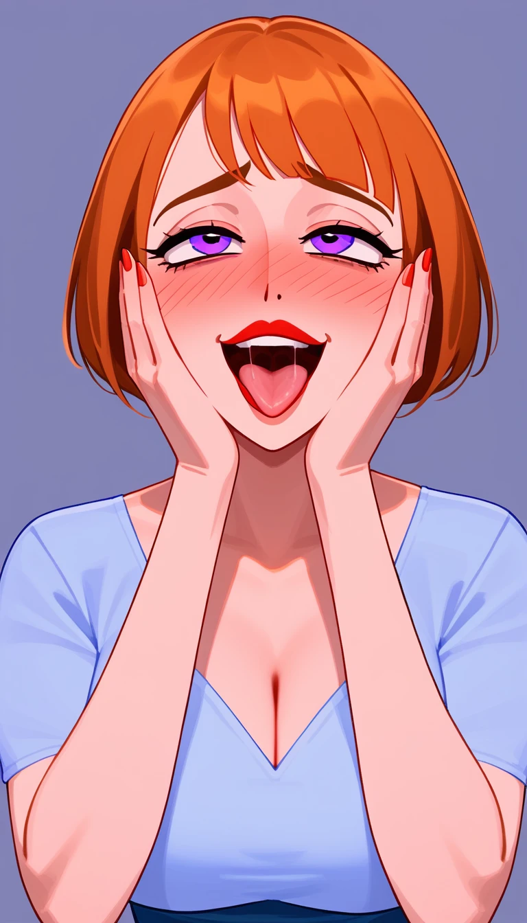 NSFW maddie fenton, official artwork, Best quality, ahegao face closeup, hands on her face, pure ecstacy, yandere face, mature woman, milf, orange hair