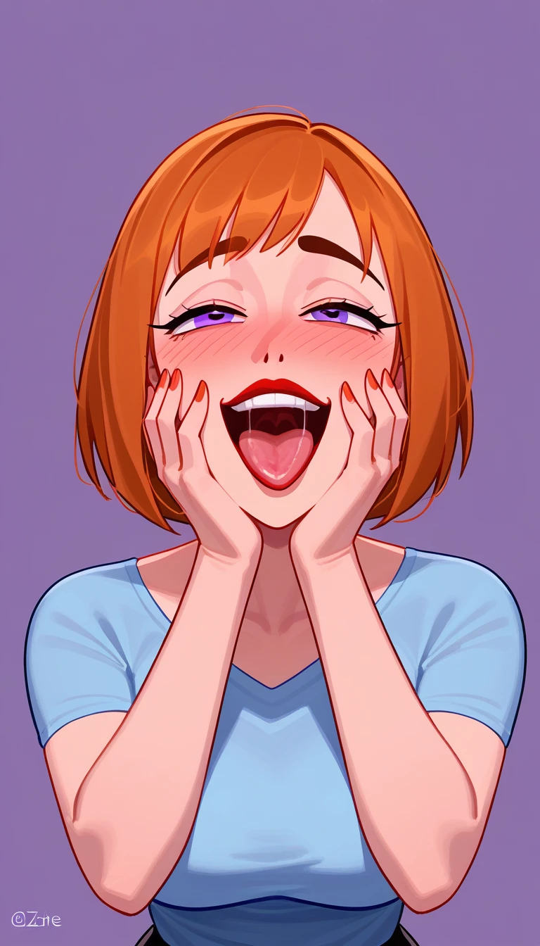 NSFW maddie fenton, official artwork, Best quality, ahegao face closeup, hands on her face, pure ecstacy, yandere face, mature woman, milf, orange hair