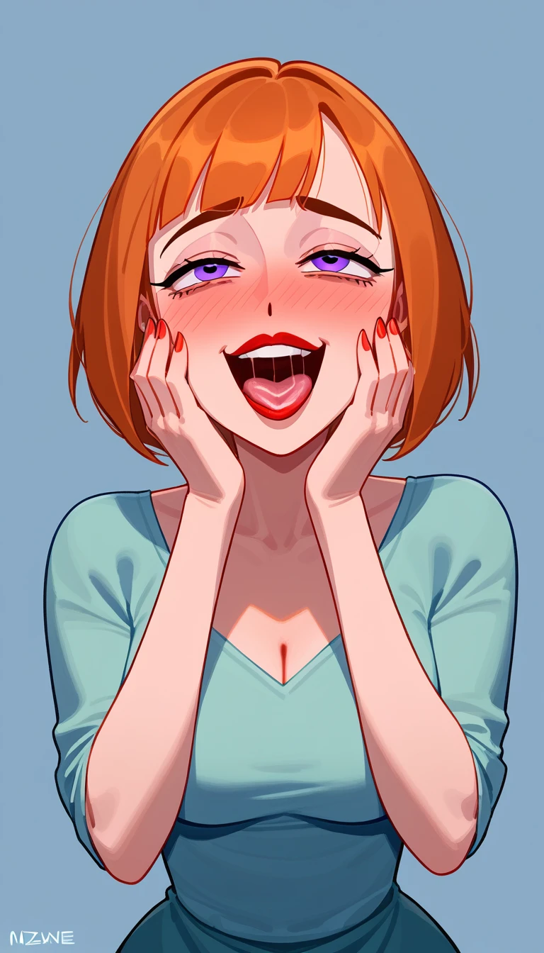 NSFW maddie fenton, official artwork, Best quality, ahegao face closeup, hands on her face, pure ecstacy, yandere face, mature woman, milf, orange hair