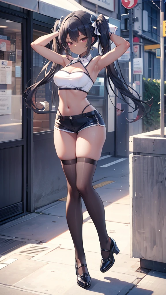 masterpiece, best quality, ultra detailed, 1girl, dark skin, twin tails, thighhighs, (micro short shorts), tube top, full body, street, medium breasts, armpit, 