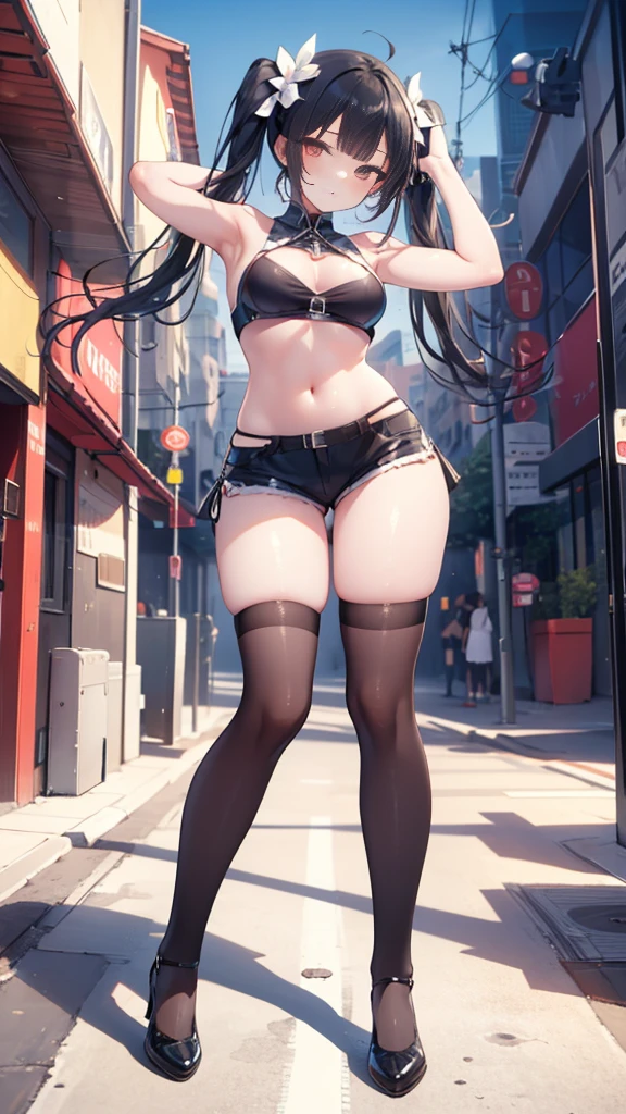 masterpiece, best quality, ultra detailed, 1girl, dark skin, twin tails, thighhighs, (micro short shorts), tube top, full body, street, medium breasts, armpit, 