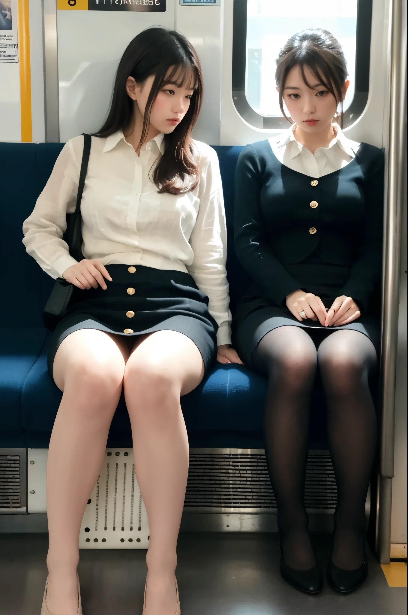 (masterpiece, Highest quality, 8K, RAW Photos, beautifully、aesthetic:1.2),  Intricate details, indirect lighting, Realistic,
whole body, Sitting on a chair on the train、Staring at the viewers、Voyeur、
 Square neck button-down linen sundress, (Ultra-realistic pantyhose)、
 Training women , Chair to sit under skirt,