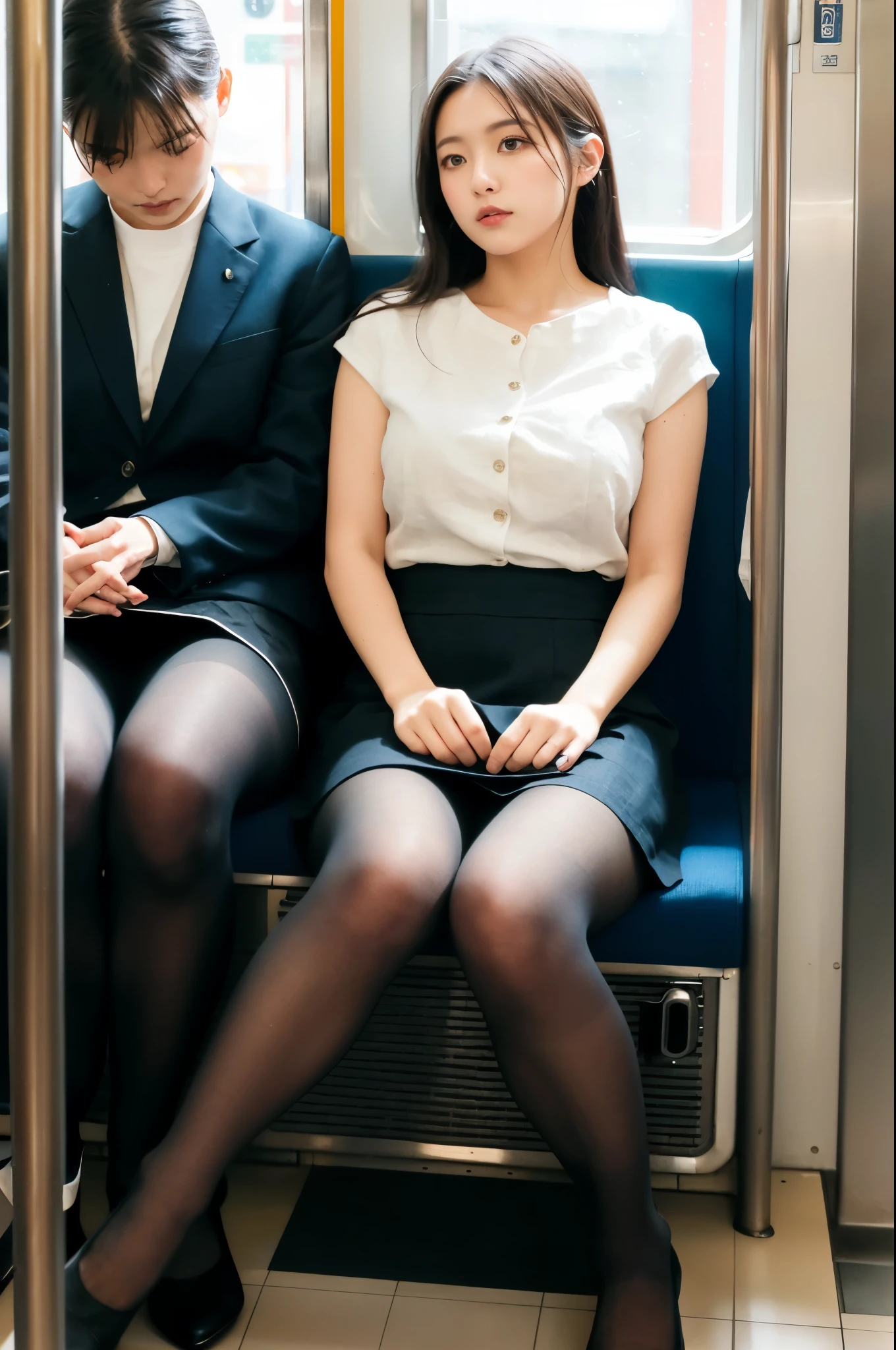 (masterpiece, Highest quality, 8K, RAW Photos, beautifully、aesthetic:1.2),  Intricate details, indirect lighting, Realistic,
whole body, Sitting on a chair on the train、Staring at the viewers、Voyeur、
 Square neck button-down linen sundress, (Ultra-realistic pantyhose)、
 Training women , Chair to sit under skirt,