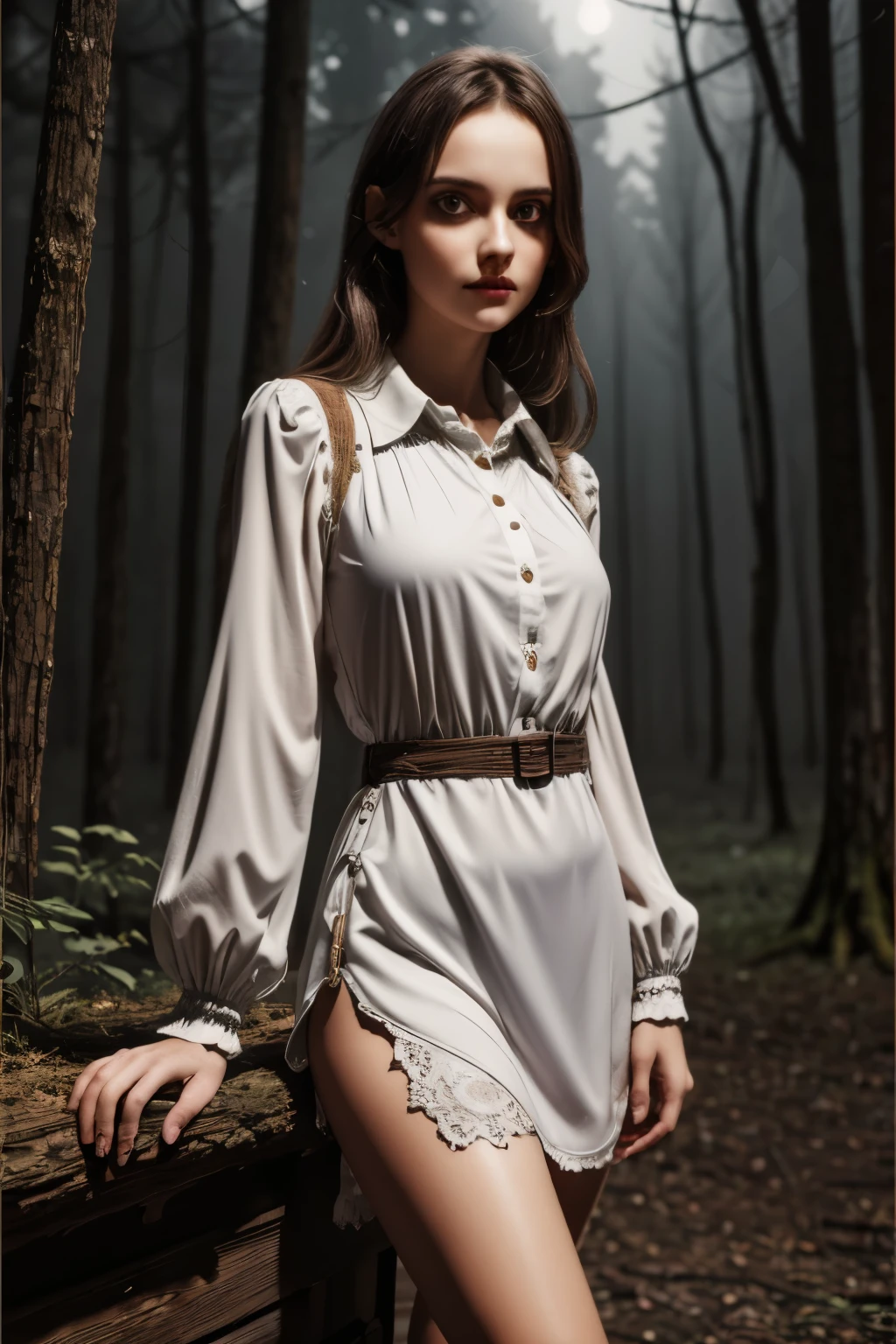 (Super detailed,ultra high resolution,detailed background)),ancient city,dark forest at night,spooky,Chill,Inspiration,1 girl,wearing a minidress、Wearing a white collared long-sleeved blouse、