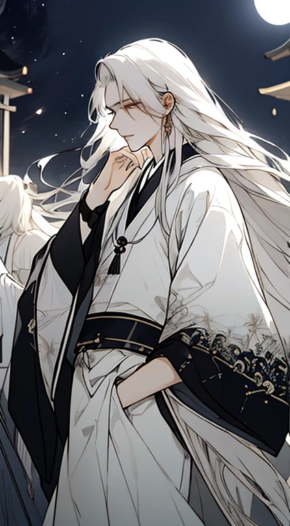 male,male,White Hanfu,Long white hair,Flowing long hair,Wide-sleeved robe,,Solid color clothes,The clothes do not have any patterns,Soft Light,ink,There is a full moon behind,Low saturation,Low contrast,floodlight,Dynamic