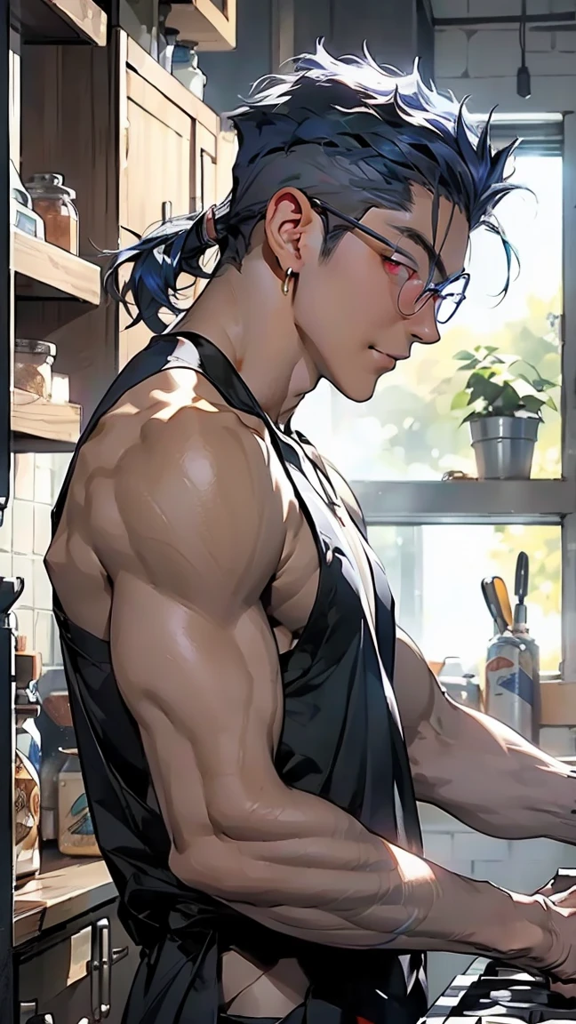 highest quality, 8K, high resolution image, anime style Jujutsu Kaisen, (Gilgamesh/Fate), detailed strokes, bored look, blurry, purple light reflecting from it, (close angle), 1 man, young, male, model, cooler Guy, multicolored background with different geometric shapes, around stickers, muscular, red eyes, dark blue hair, hairstyle, hairstyle: undercut, short hair, blue hair, puffy chest, he is wearing a cool He wears a tank top, sweatpants and a kitchen apron, golden link chain, glasses, background: Kitchen, bright room, he is standing in the kitchen and is about to cook something, knife block, pot stove, cutting board, kitchen knife, wooden spoon, vegetables,