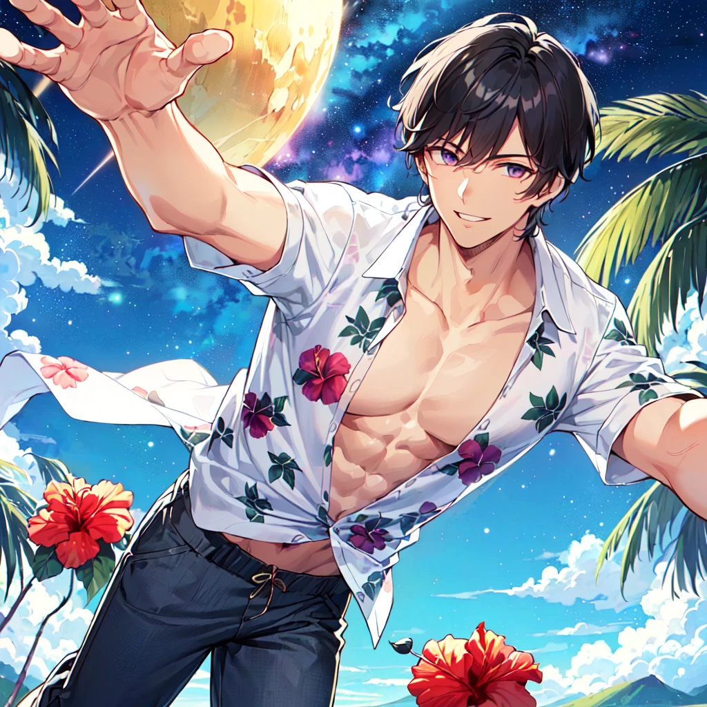 masterpiece,best quality,high quality,extremely detailed,(male austere handsome one solo adult age 30 years old:1.5),(purple eyes, cool with suspended eyes), body strong and fearless 8.5 head tall and 185cm tall,(well-groomed black hair short hair to neck:1.4), (bangs parted in 7 thirds:1.4), (pectoral and rectus abdominis:1.3), slender nose, facial muscles, (aloha shirt hibiscus print, half pants:1.3), (cool smile:1.3), (running:1.3), (stylish pose), (background tropical and Hibiscus:1.3) , (Milky Way Night Sky: 1.3)