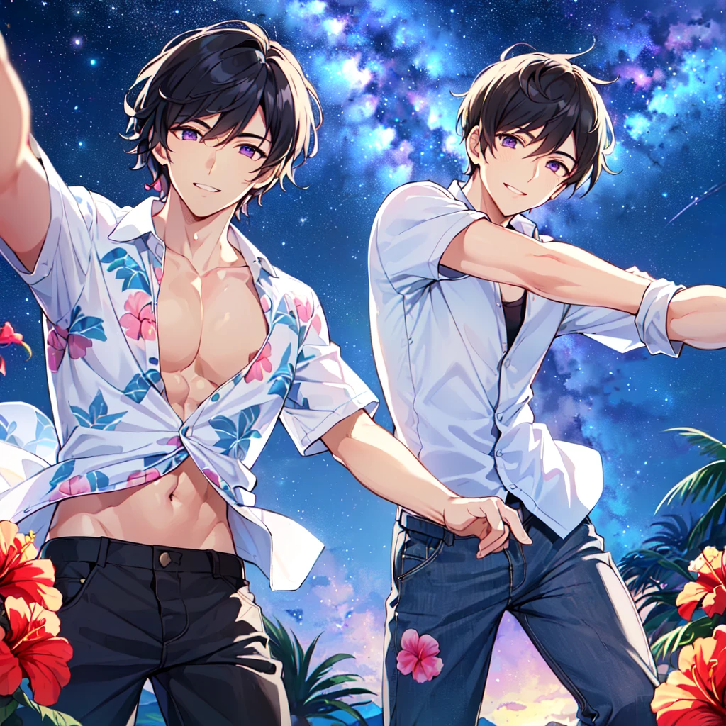 masterpiece,best quality,high quality,extremely detailed,(male austere handsome one solo adult age 30 years old:1.5),(purple eyes, cool with suspended eyes), body strong and fearless 8.5 head tall and 185cm tall,(well-groomed black hair short hair to neck:1.4), (bangs parted in 7 thirds:1.4), (pectoral and rectus abdominis:1.3), slender nose, facial muscles, (aloha shirt hibiscus print, half pants:1.3), (cool smile:1.3), (running:1.3), (stylish pose), (background tropical and Hibiscus:1.3) , (Milky Way Night Sky: 1.3)