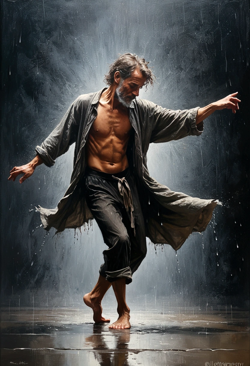 Soul Dancer Mark,A homeless man dancing alone in the rain，soul，Barefoot，Loose and worn clothes，Professional ballet movements，Very contagious，Splash，Light and Shadow，Minimalism，artistic conception，Clean background