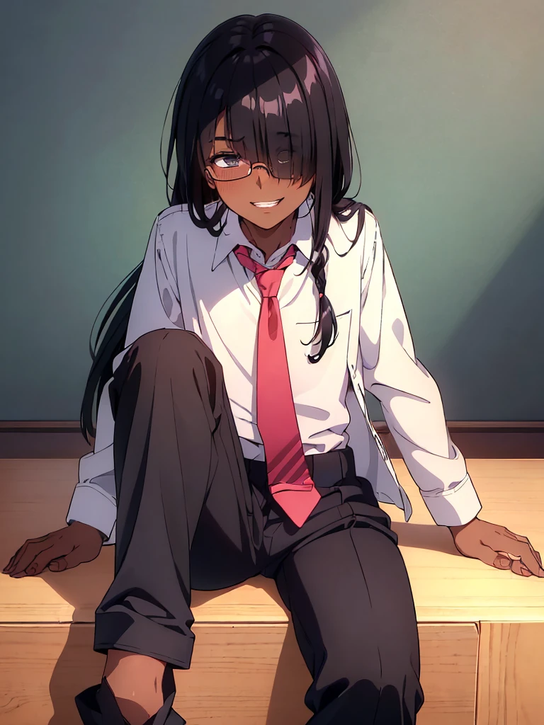 (1 feminine boy solo),(dark skin:1.5),(masterpiece:1.2), highest quality, High resolution, unity 8k wallpaper, (fine and beautiful eyes:1.6), highly detailed face, perfect lighting, Detailed CG, (perfect hands, perfect anatomy),20 years old, (black hair:1.3), detailed eyes, best quality, extremely detailed, very precise detailed, (glasses:1.4), , (straight hair:1.5), (evil smile:1.4) ,long sidelocks, (blush:1.3),(sit on desk:1.3),(Put left knee in front:1.5),(boy's school uniform long pant:1.5),(loosen necktie:1.2),spread legs,bend knee,(open shirt:1.3),(low ponytail),(hair over one eye:1.7),(blunt bangs:1.4)
