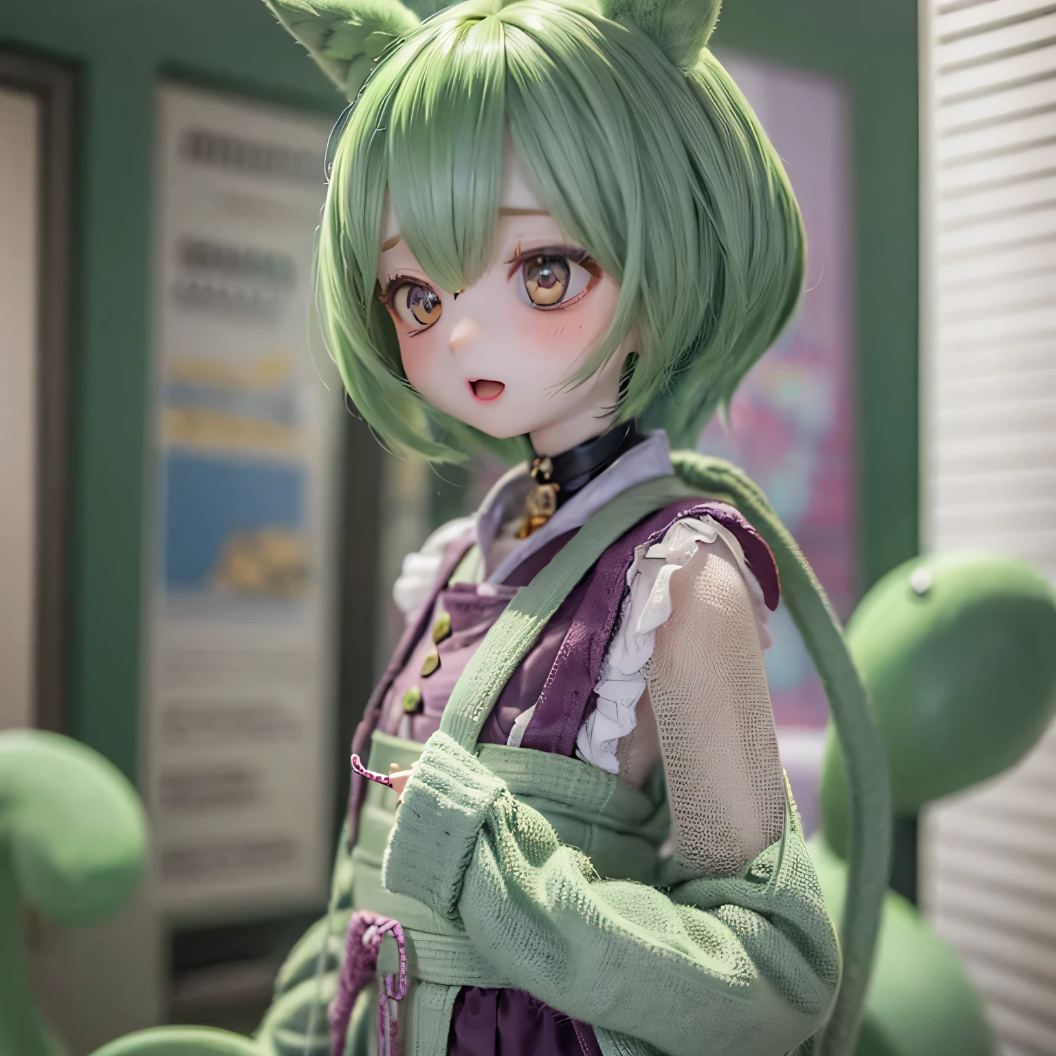 A naked green-haired little zundamon with a cheeky face(((child)))White blouse、Cityscape
