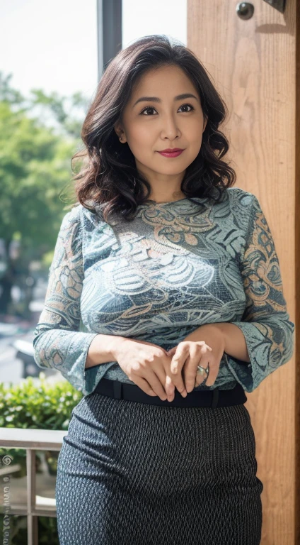 ((Best quality, 8K, Masterpiece, Portrait: 1.3)), (View viewers), Photorealism, Sharp focus, Solo, The Moro Islamic Liberation Front of Japan, Beauty,Wavy hair, Wrinkles at the corners of the eyes, to emphasize, ((Big breasts:1.3))),，30 years old, curlies, （(pencil skirts:1.0), (Manhattan lace blouse:1.0)，standing on your feet：1.3）