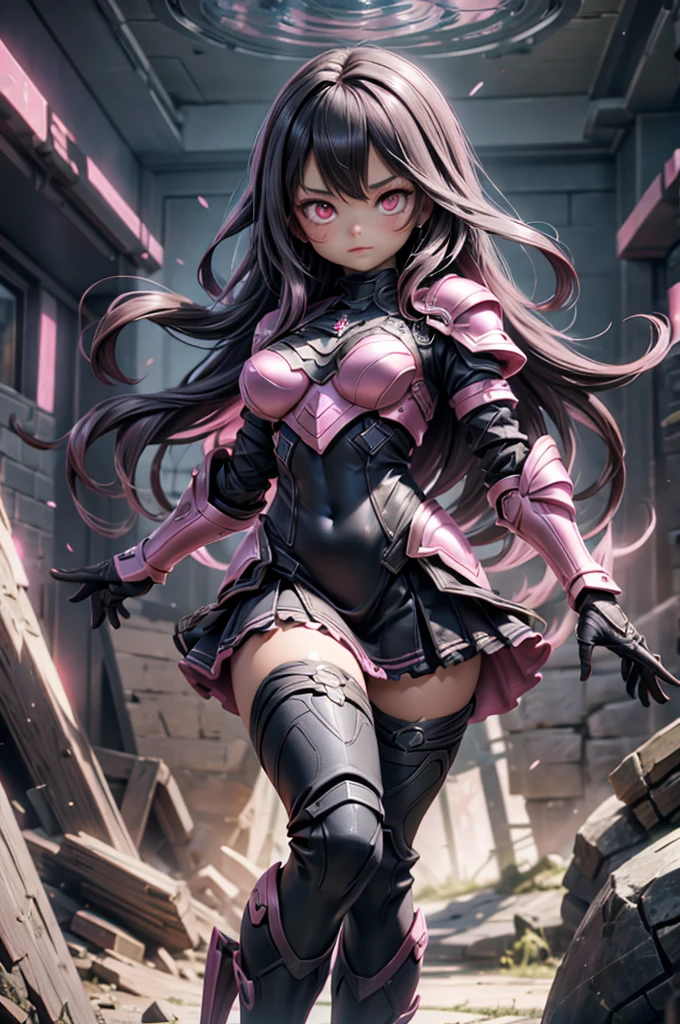 Dark-haired Scandinavian girl wearing half-plate armor and a frilly skirt over a skin-tight black bodysuit, (Pink long hair:1.4), Red eyes,Attractive breasts、High resolution (High Dynamic Range), Ray Tracing, NVIDIA, Super Resolution, Scattered under the surface, Anisotropic Filtering, Written boundary depth ,Maximum clarity and sharpness, Surface Shading, Two-tone lighting