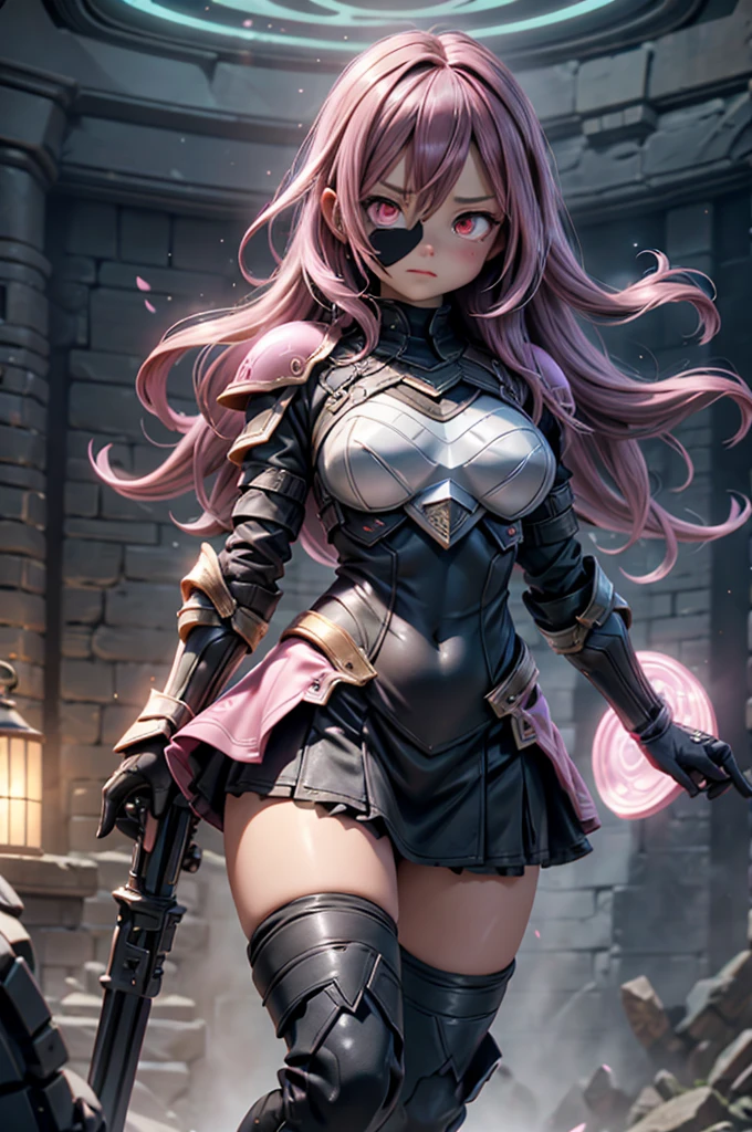 Dark-haired Scandinavian girl wearing half-plate armor and a frilly skirt over a skin-tight black bodysuit, (Pink long hair:1.4), Red eyes,Attractive breasts、High resolution (High Dynamic Range), Ray Tracing, NVIDIA, Super Resolution, Scattered under the surface, Anisotropic Filtering, Written boundary depth ,Maximum clarity and sharpness, Surface Shading, Two-tone lighting