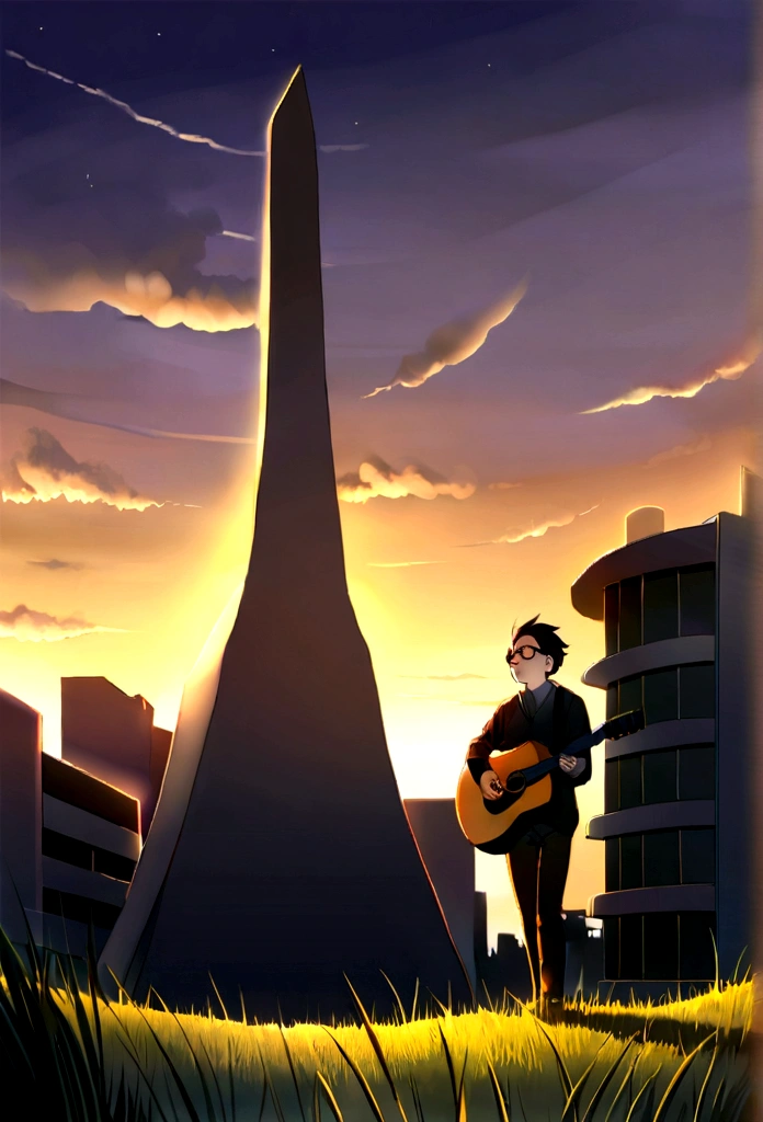 Superior image quality、a 30 year old man.、A dark-haired、the forehead is open、Playing guitar on the grass where you can see the building.、early in the evening, big glasses