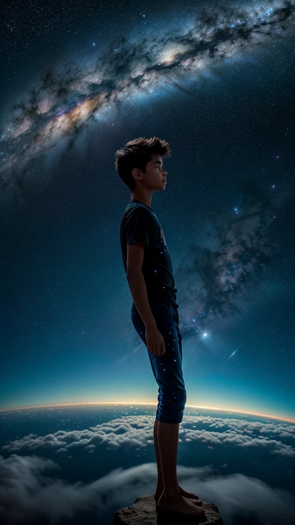 Perched upon a wispy cloud, a young boy gazes in awe at the breathtaking expanse above. The night sky comes alive with a sea of stars, twinkling like diamonds scattered across a velvet canvas. Cosmic phenomenons swirl and dance, painting streaks of vibrant colors across the vastness of space. With his hair gently tousled by the celestial breeze, the boy's silhouette stands as a witness to the beauty of the comic colurfull universe. Serene and filled with wonder, he becomes a part of this cosmic symphony, he presence illuminating the infinite possibilities that lie beyond the clouds in a cosmic colourful sky back left corner view