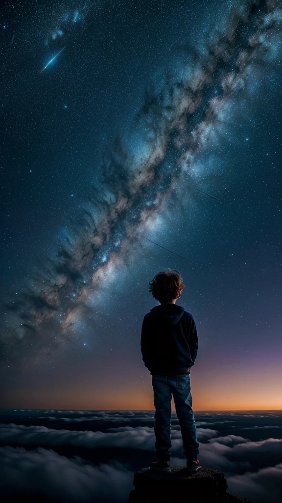 Perched upon a wispy cloud, a young boy gazes in awe at the breathtaking expanse above. The night sky comes alive with a sea of stars, twinkling like diamonds scattered across a velvet canvas. Cosmic phenomenons swirl and dance, painting streaks of vibrant colors across the vastness of space. With his hair gently tousled by the celestial breeze, the boy's silhouette stands as a witness to the beauty of the comic colurfull universe. Serene and filled with wonder, he becomes a part of this cosmic symphony, he presence illuminating the infinite possibilities that lie beyond the clouds in a cosmic colourful sky back left corner view
