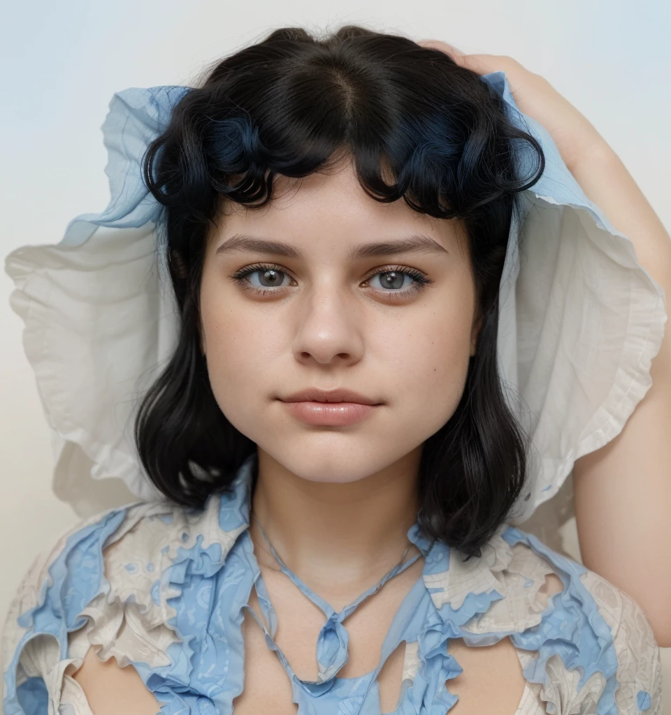 The image shows a 21 year old young woman with black curly hair, wearing a blue and white patterned top. Her expression is neutral, and she looks directly at the camera