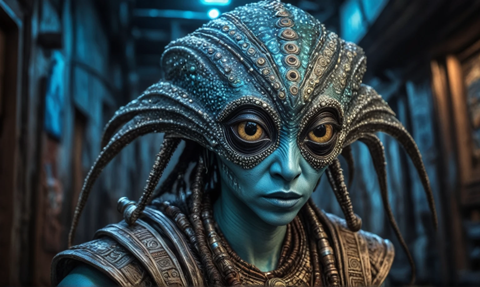 full body length shot,nerd graphite  Alien Entity,native africa slave ,nowadays azctec central city,Cinematic,soft colors, Technicolor,natural skin textures, hyper realism, hyper detailed,Extremely detailed,High contrast,Masterpiece,Realistic,Ultra Detailed, intricate details,realistic humid leather,extremely intricate details,Epic Realistic, cinematic style, irina yermolova,high contrast,hdr,extremely detailed, [deep night landscape],masterpiece, intricate details, eyes extremely detailed, high detailed eyes,8k resolution,retina, Nikon Z9,Korea,orc,Egypt, Pisces, transition between two art styles, Double contact, X-ray, Creative, vivid light, fantasy, Abstract, Surrealism, super detailed, high resolution,insanity wear,skin  almost translucent,  Mestichino,Light particles,chaos,starfish's leather
