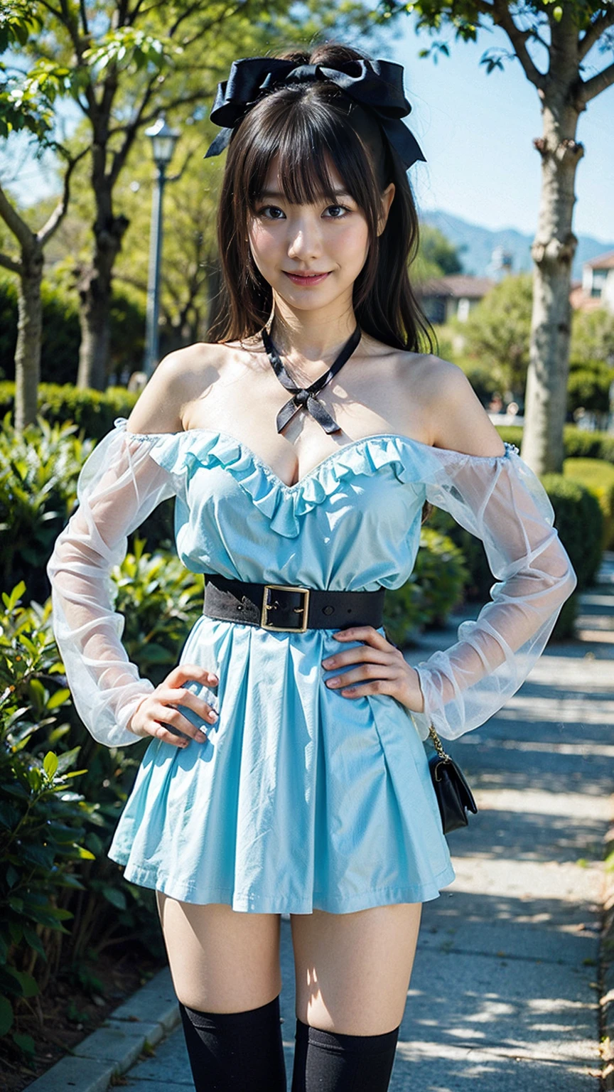 (8K、RAW Photos、Highest quality、masterpiece:1.2)、(Realistic、Realistic)、1 Girl、((mini skirt、Black and light blue、Thin legs、whole body、boots、Clothes with ribbons、Anime Costumes、Chest ribbon、Off the shoulder、See-through、Frills、garden、smile、View from the front、Ribbon on chest、Looking into the camera、belt、Stand with hands on hips))、