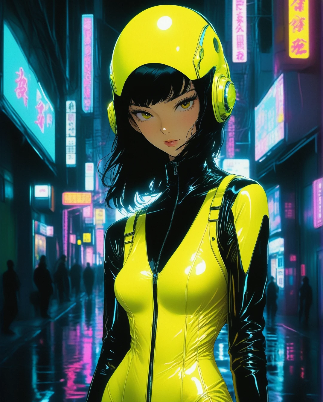 realistic, Analog style, vhs style, 8mm film, chromatic aberration, Dvd screengrab, 80s movie, cinematic lighting, In a neon-lit cyberpunk space setting, a figure emerges clad in a sleek yellow jumpsuit, designed with a distinct art style reminiscent of Yoshiaki Kawajiri. The scene is portrayed in a vivid and elaborate digital painting, showcasing sharp edges and dynamic colors. The jumpsuit gleams with metallic sheen, accentuating the mysterious allure of the character. Every detail, from the sleek contours to the intricate patterns, contributes to the image's captivating and high-quality execution, drawing viewers into a futuristic world of intrigue and sophistication.
