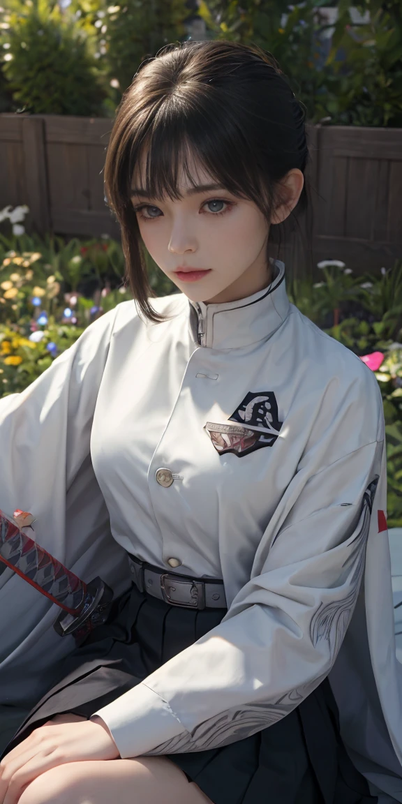 Ultra-realistic 8K CG,masterpiece,((Highly detailed background, Exquisite pattern, Intricate details)),最high quality,Highly detailed face,Very fine grain和脸部,Very fine grainUltra-realistic 8K CG, masterpiece, closure, beauty, from the front, Stick your face out, (Highly detailed background, Exquisite pattern, Intricate details)), high quality, Highly detailed face, Very fine grain and 顔, Very fine grain, girl, Liliaceae, (((bangs Patterson))),(((Side Mao Insult))),(( Demon Slayer uniform:1.4)), butterfly hair accessories,,( white belt), (Cape, white Cape),, (Black jacket), (Pleated skirt), belt, (Black Skirt), knees, Buckle up, Sheath the sword, belt Buckle up, (Black Shirt:1.0), sunlight, Tyndall effect, sword on waist,(garden:1.2),Western Sabre,Seductive pose, Giant , close,Sparse Fields,(ストレートbangs:1.4), (bangs:1.4), Natural Makeup,