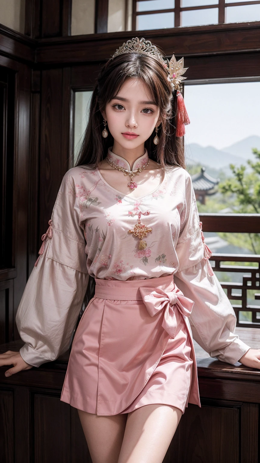 best quality, masterpiece, high resolution, 1 Girl, ancient Chinese pink skirt, Pretty Face, Chinese Clothing, There is no original picture of the bow, elegant, noble, crown, Thin legs, Fairy, Hair accessories, Solitary, Looking at the audience, Smile, Residence, Lips, skirt, Hair accessories, necklace, Jewelry, Long hair, earrings, architecture, east asian architecture