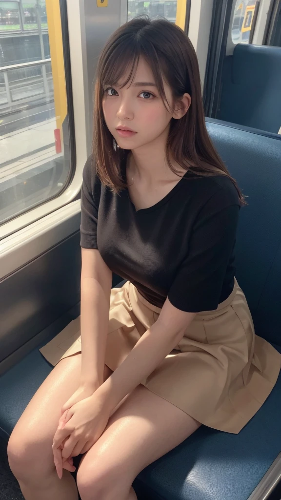 (Masterpiece, High Definition, Ultra High Definition, 4K) Brown hair, even skirt, emphasizing thighs, white thighs, soft thighs, shiny thighs, sitting on the train, face-to-face angle, (bottom angle), sitting on the train seat, sitting in front, camera zoom in the groin, feet on the train floor, whole body, looking down and sleepy, looking only at the viewer,"  best quality, ultra high definition, (photorealistic: 1.4),, high resolution, detail, raw photo, sharp re, nikon d850 film stock photo by Lee Jefferies 4 kodak portra 400 camera f1.6 lens rich colors hyper realistic animated textures dramatic lighting unreal engine artstation cinestir 800 trends,