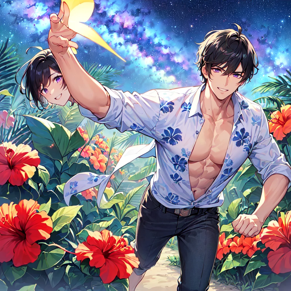 masterpiece,best quality,high quality,extremely detailed,(male austere handsome one solo adult age 30 years old:1.5),(purple eyes, cool with suspended eyes), body strong and fearless 8.5 head tall and 185cm tall,(well-groomed black hair short hair to neck:1.4), (bangs parted in 7 thirds:1.4), (pectoral and rectus abdominis:1.3), slender nose, facial muscles, (aloha shirt hibiscus print, half pants:1.3), (cool smile:1.3), (running:1.3), (stylish pose), (background tropical and Hibiscus:1.3) , (Milky Way Night Sky: 1.3)