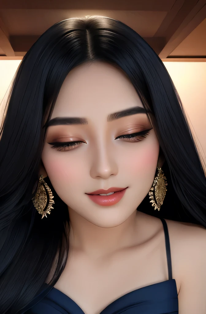 Amazing portrait of a sexy woman with a beautiful face having long straight black hair with detailed eyes and detailed lips wearing some elegant earrings and a navy blue saree with silver embroidery as she's seductively gazing and smiling and blushing intensely with a perfect and hot body 