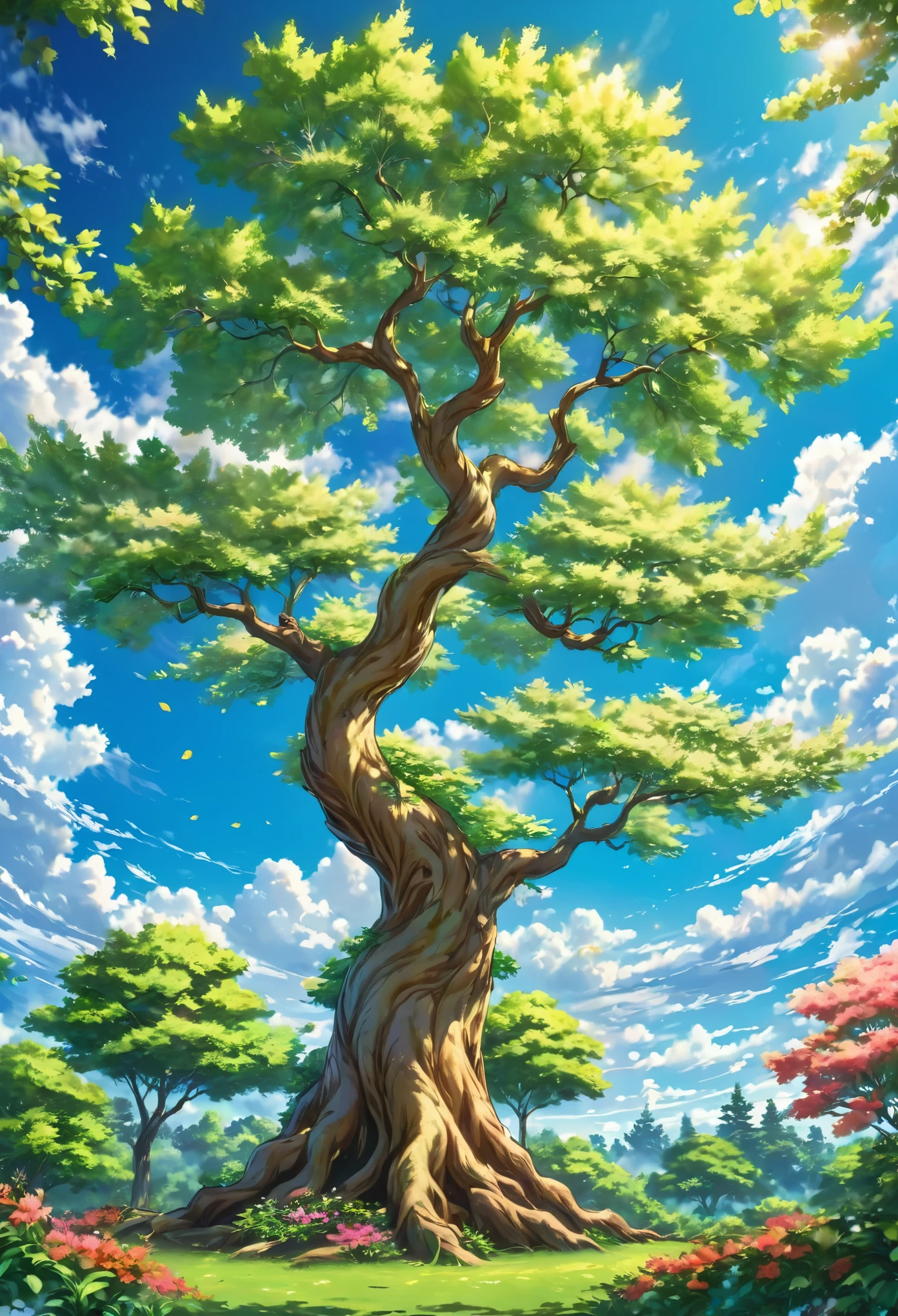 Create an image of a beautiful tree; in anime style, in the background of a blue sky with white clouds, the tree should be thick and have many branches, with green leaves and flowers, the tree should be in a natural position, not tilted, the sky should be in the background, and the tree should be in the center of the image, the image should be in 8k resolution, sharp, with vibrant colors, the background should be a little blurred, natural, with a warm golden glow behind the tree, the tree should be in a natural position, not tilted, towards the end of the picture, the sky should be in the background, and the tree should be in the center of the image,