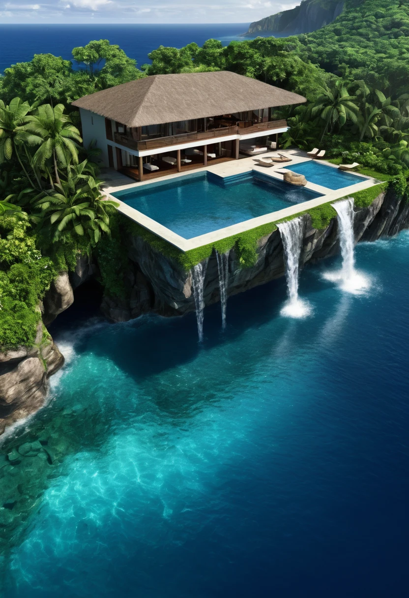 House landscape with swimming pool and waterfall, Digital rendering by Seb McKinnon, cg Club Competition Winners, art, Incredibly beautiful, Very close to real nature, beautiful place, Built around the ocean, By the tropical pool, dream pool, Luxury Lifestyle, An incredible masterpiece, Beautiful view, Paradise in the background, Epic shock, wonderful masterpiece