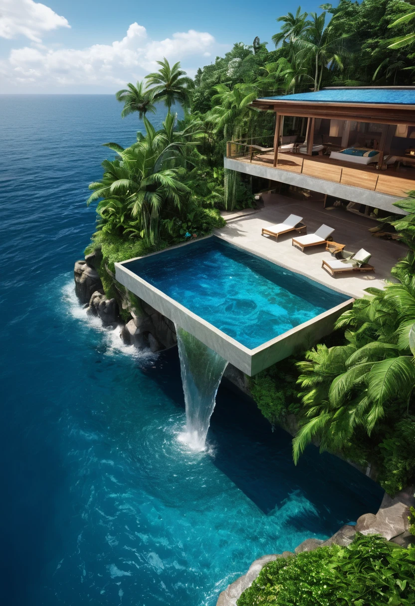 House landscape with swimming pool and waterfall, Digital rendering by Seb McKinnon, cg Club Competition Winners, art, Incredibly beautiful, Very close to real nature, beautiful place, Built around the ocean, By the tropical pool, dream pool, Luxury Lifestyle, An incredible masterpiece, Beautiful view, Paradise in the background, Epic shock, wonderful masterpiece