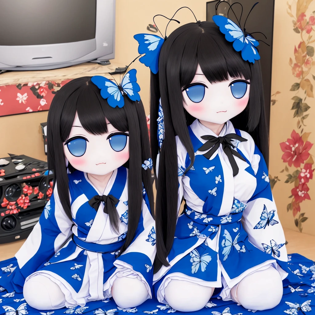 (rushia_blue fumo) photo, masterpiece, top quality, high definition, perfect lighting, full body, one woman, solo, sitting, black straight long hair, white kimono, black eyeshadow, TV, well, butterfly