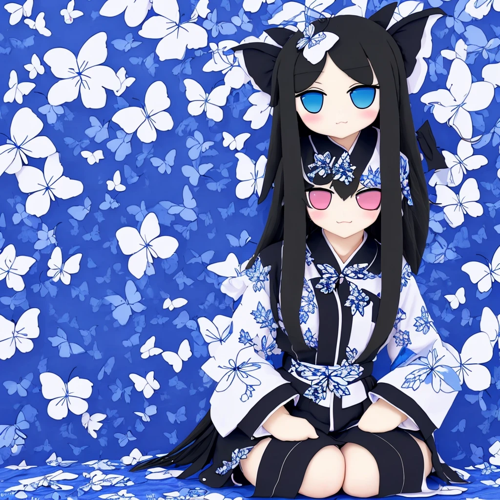 (rushia_blue fumo) photo, masterpiece, top quality, high definition, perfect lighting, full body, one woman, solo, sitting, black straight long hair, white kimono, black eyeshadow, TV, well, butterfly