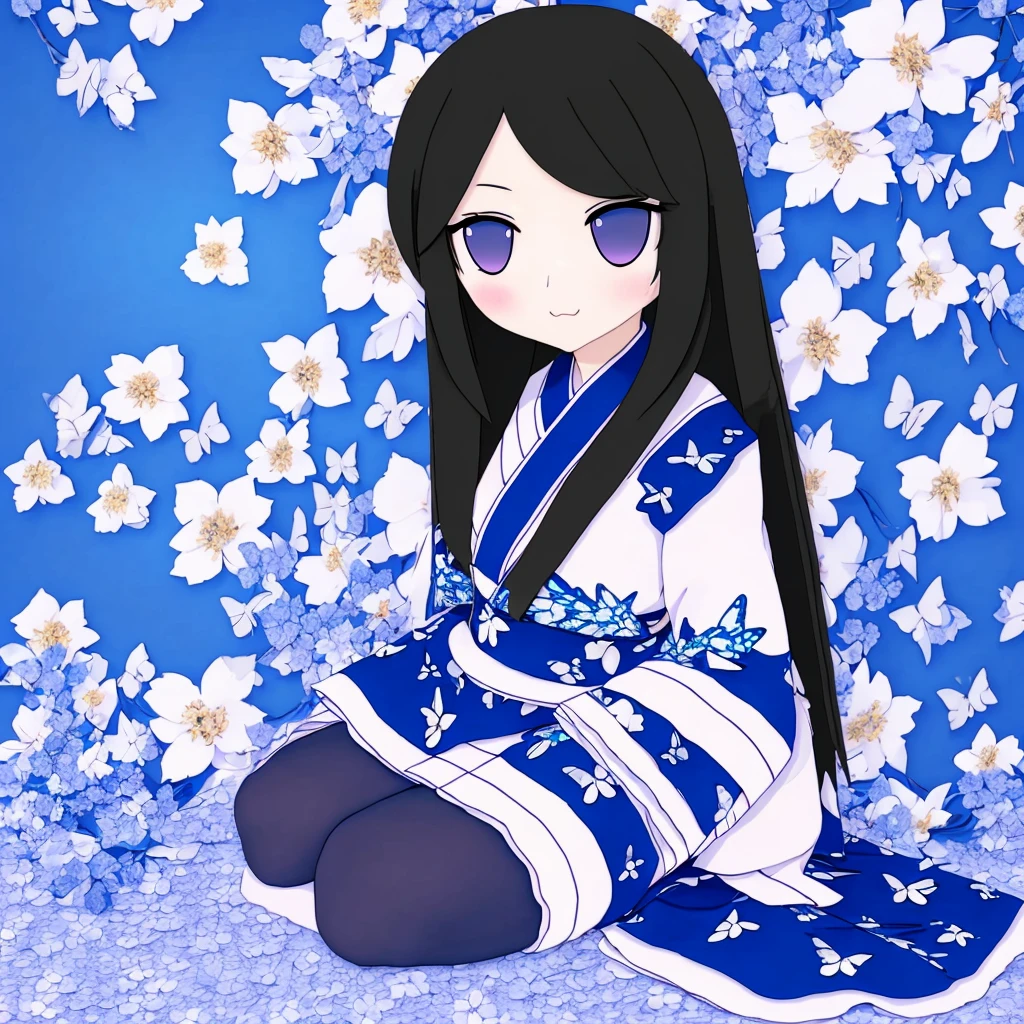 (rushia_blue fumo) photo, masterpiece, top quality, high definition, perfect lighting, full body, one woman, solo, sitting, black straight long hair, white kimono, black eyeshadow, TV, well, butterfly