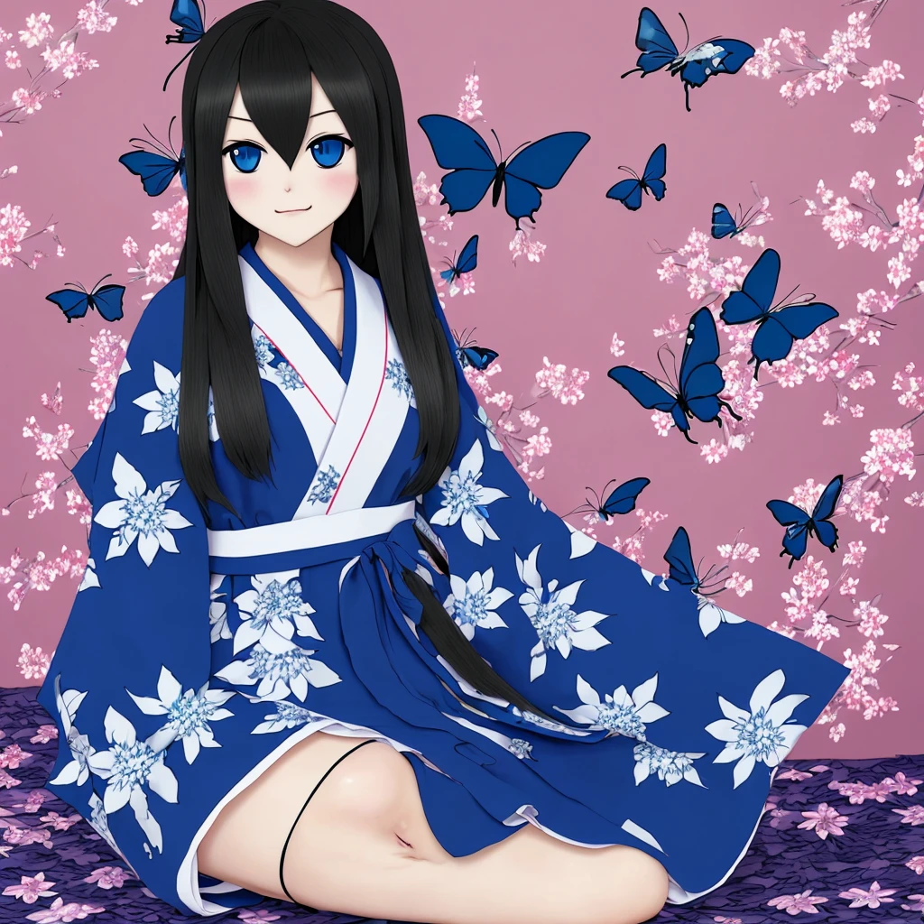 (rushia_blue fumo) photo, masterpiece, top quality, high definition, perfect lighting, full body, one woman, solo, sitting, black straight long hair, white kimono, black eyeshadow, TV, well, butterfly