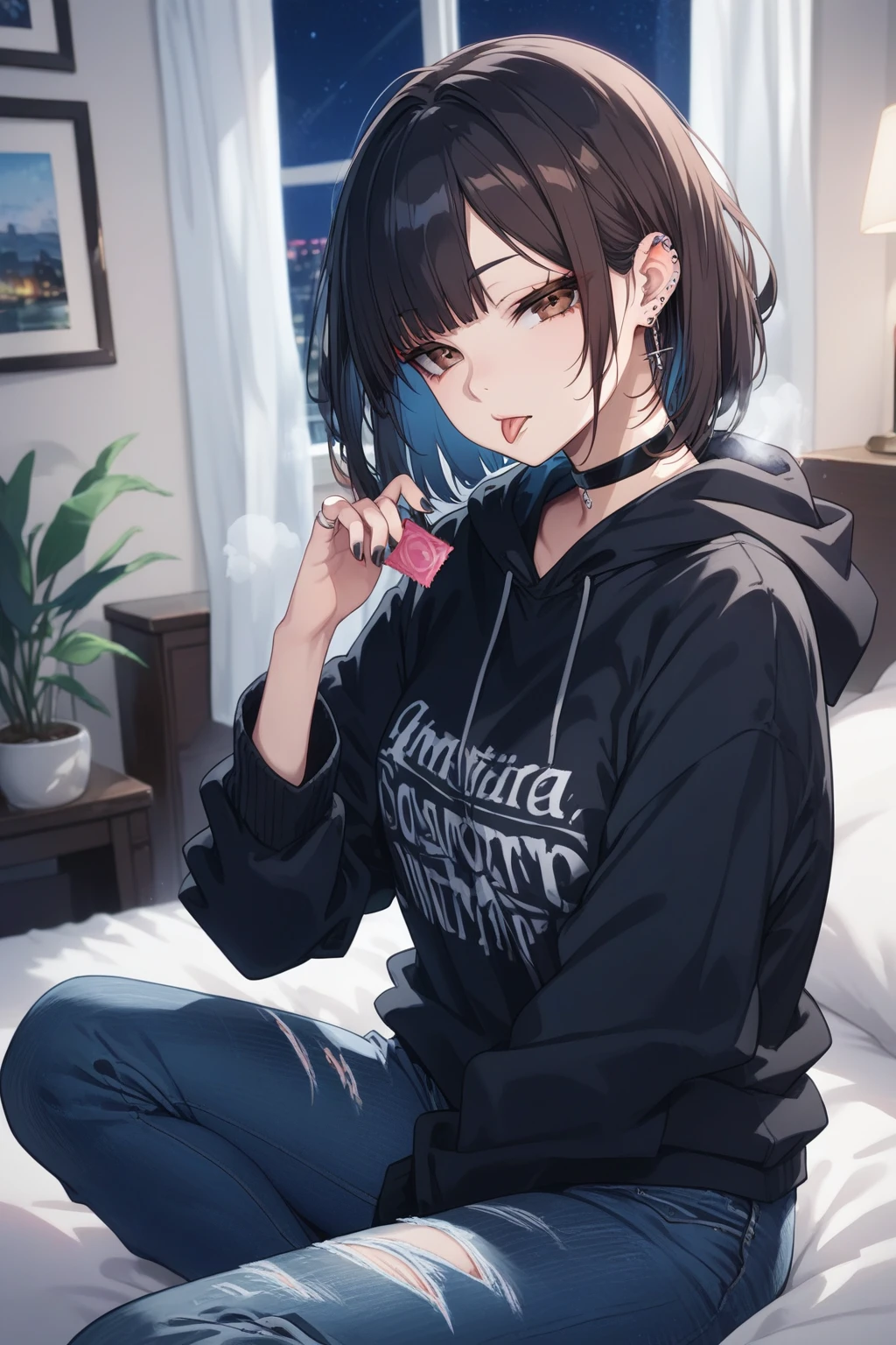 score_9, score_8_up, score_7_up, ((rating_safe)), masterpiece, best quality, very aesthetic, absurdres, 8k, 1girl, solo, looking at viewer, sitting on bed, black hair, bangs, brown eyes, medium hair, half-closed eyes, eyeshadow, bored, faint lips, nail polish, black neils, (silver ring, multiple rings), (ear piercing, industrial piercing), black hoodie, black choker, (denim jeans, damage jeans), (holding condom wrapper, okamoto condoms), forked tongue, tongue piercing), tongue out, breath, gleaming skin, (night, faint light), hotelroom