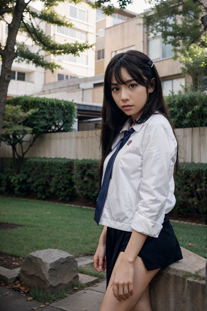(School uniform:1.2),(A wet, see-through shirt:1.1), Cowboy Shot, Perfect Anatomy, One girl, Long black hair, shy, blush, Wet, rain, (masterpiece, Highest quality), Soft Light, Structure of the film, Cinematic Light, rainの街角