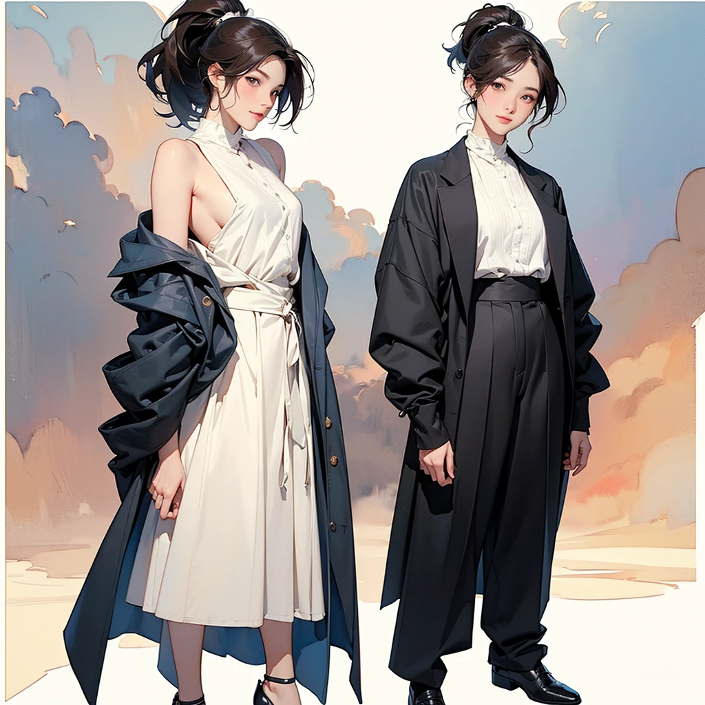 (1 Girl、alone、whole body、natural standing posture)、(Standing casually)、(whole body:1.4)、(whole bodyポートレート)、(whole bodyを見せる)、((Character Concept Art))、(Portraiture:1.2)、(Detailed facial depiction、A kind smile)、Short dark brown hair、High Ponytail、Black Blazer、business suit、a working woman、shoes、pumps、(Vintage、Classic)、BREAK((No back scene))、((White background scene))、Blur the back scene、(No logo)、((Watercolor of singer Sargent))、Impressionist style painting、(Highest quality、masterpiece)、scene)), ((Plain back scene)), (((Sky Back Scene)))、