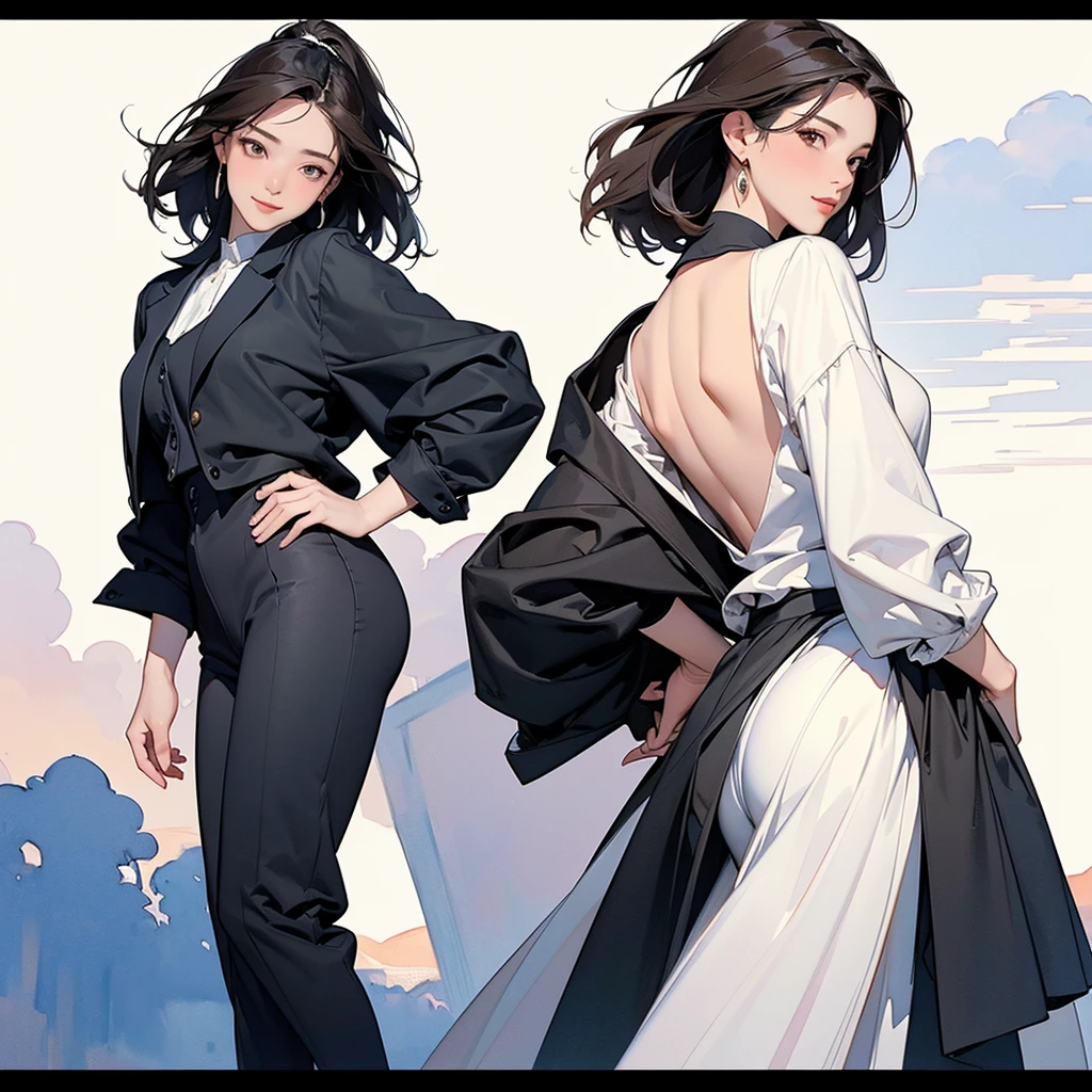 (1 Girl、alone、whole body、natural standing posture)、(Standing casually)、(whole body:1.4)、(whole bodyポートレート)、(whole bodyを見せる)、((Character Concept Art))、(Portraiture:1.2)、(Detailed facial depiction、A kind smile)、Short dark brown hair、High Ponytail、Black Blazer、business suit、a working woman、shoes、pumps、(Vintage、Classic)、BREAK((No back scene))、((White background scene))、Blur the back scene、(No logo)、((Watercolor of singer Sargent))、Impressionist style painting、(Highest quality、masterpiece)、scene)), ((Plain back scene)), (((Sky Back Scene)))、