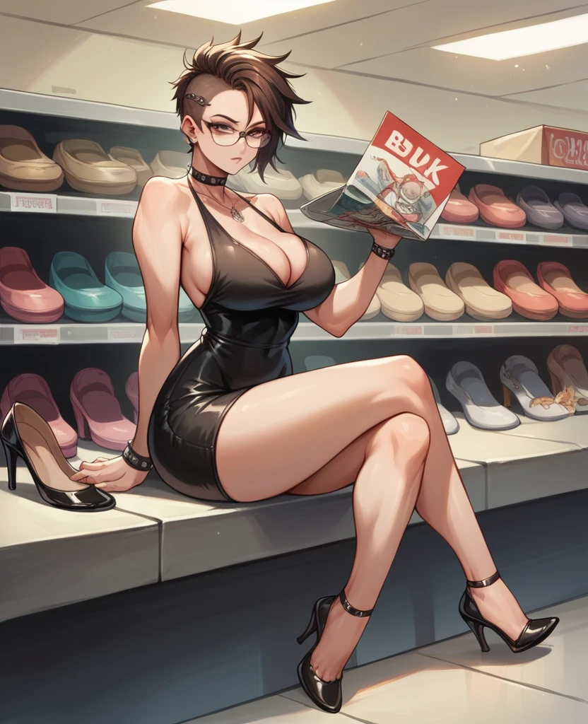 punk girl with glasses, black dress, With a face it would be, in a shoe store, short brown hair, detailed face, big breasts,sitting, with feet raised, trying on black heels, quality, high resolution