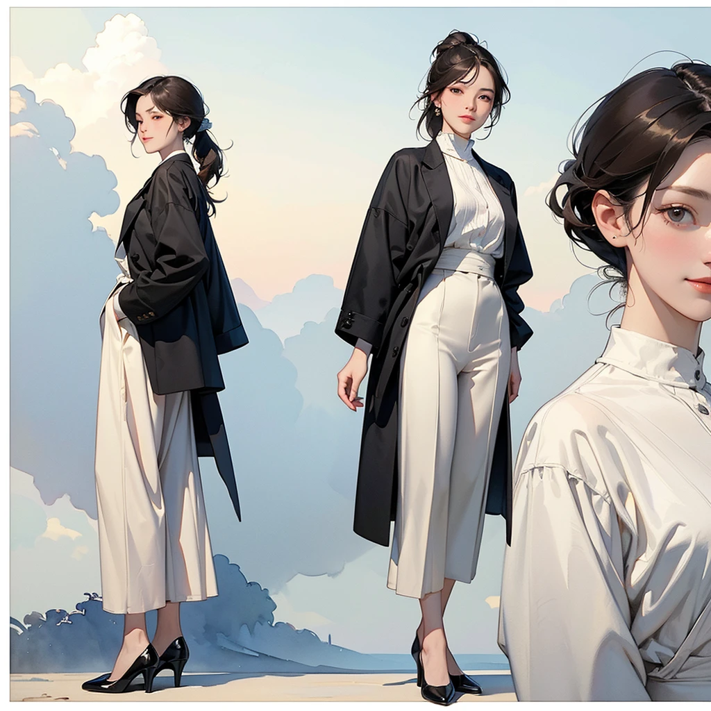 (1 Girl、alone、whole body、natural standing posture)、(Standing casually)、(whole body:1.4)、(whole bodyポートレート)、(whole bodyを見せる)、((Character Concept Art))、(Portraiture:1.2)、(Detailed facial depiction、A kind smile)、Short dark brown hair、High Ponytail、Black Blazer、business suit、a working woman、shoes、pumps、(Vintage、Classic)、BREAK((No back scene))、((White background scene))、Blur the back scene、(No logo)、((Watercolor of singer Sargent))、Impressionist style painting、(Highest quality、masterpiece)、scene)), ((Plain back scene)), (((Sky Back Scene)))、