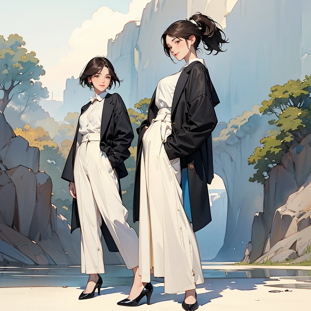 (1 Girl、alone、whole body、natural standing posture)、(Standing casually)、(whole body:1.4)、(whole bodyポートレート)、(whole bodyを見せる)、((Character Concept Art))、(Portraiture:1.2)、(Detailed facial depiction、A kind smile)、Short dark brown hair、High Ponytail、Black Blazer、business suit、a working woman、shoes、pumps、(Vintage、Classic)、BREAK((No back scene))、((White background scene))、Blur the back scene、(No logo)、((Watercolor of singer Sargent))、Impressionist style painting、(Highest quality、masterpiece)、scene)), ((Plain back scene)), (((Sky Back Scene)))、
