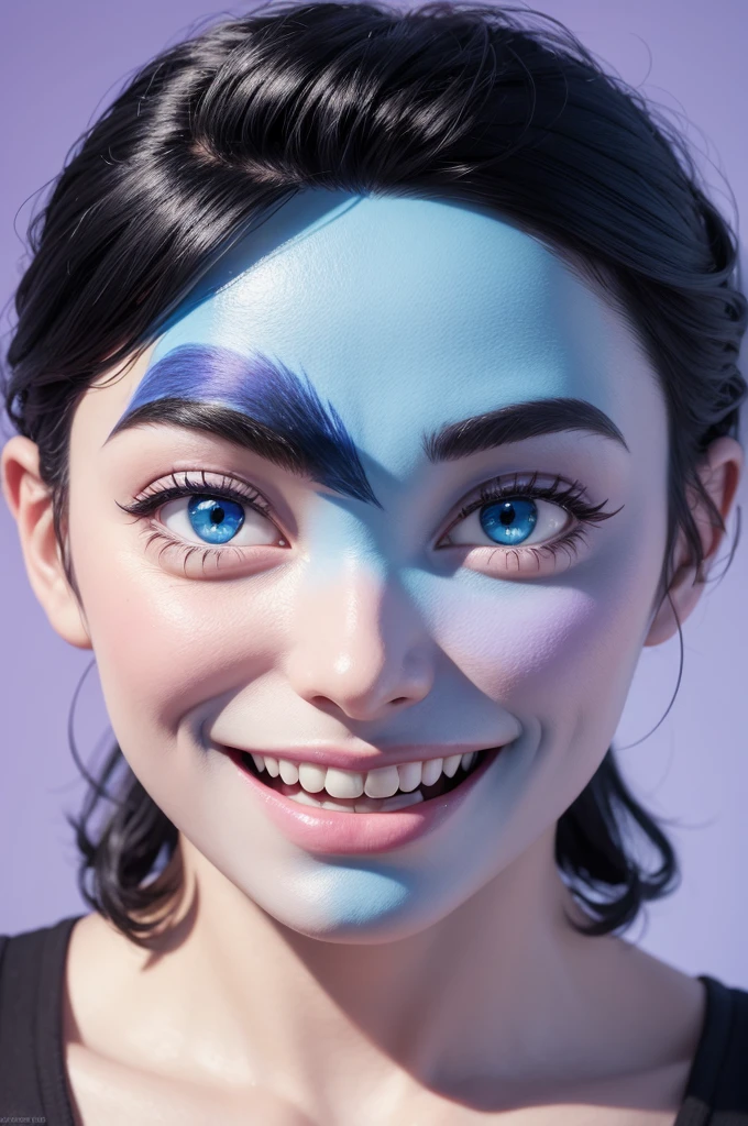 Funnily film character, disney pixar style, 3d with black hair, blue colored eyes, face with happy expression, light purple skin, White background, 8 k quality