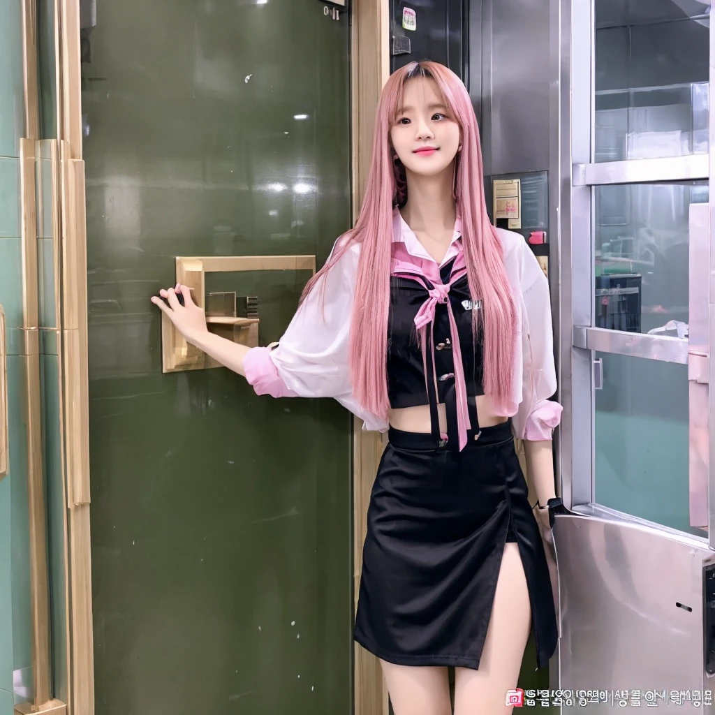 Manhwa, Korean girl with pink long hair standing near classrom door while chating with friends, wearing , short skirt, full body, bathroom, manhwa, webtoon, semi realistic