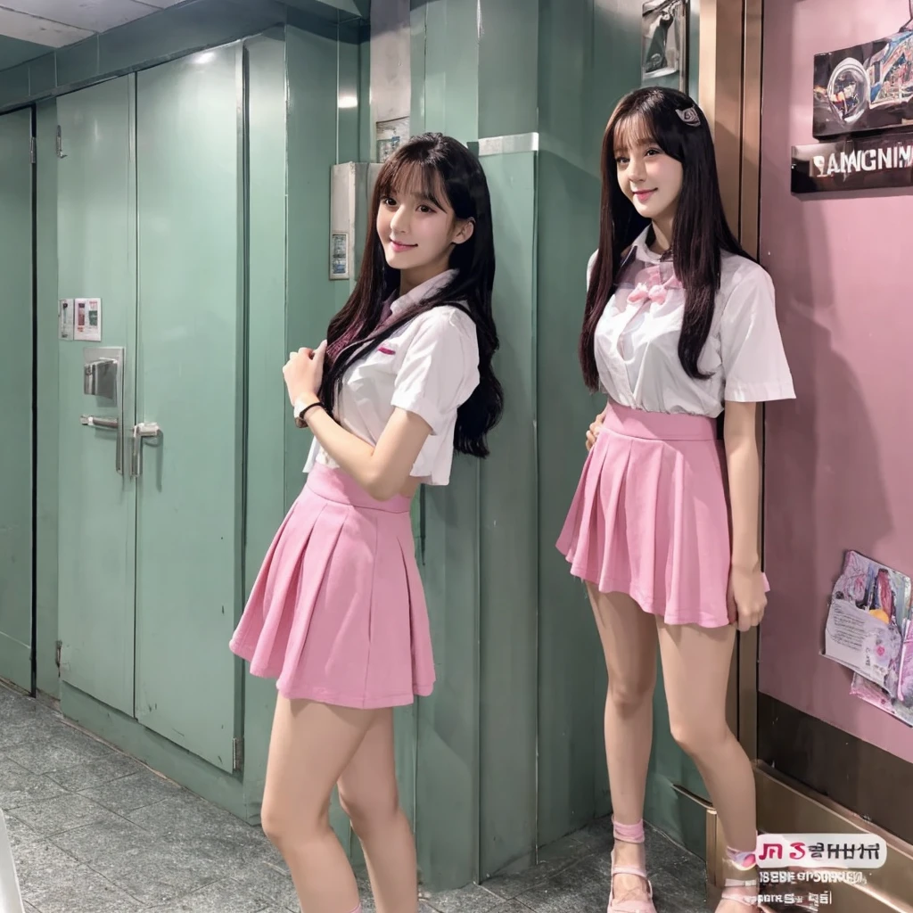 Manhwa, Korean girl with pink long hair standing near classrom door while chating with friends, wearing , short skirt, full body, bathroom, manhwa, webtoon, semi realistic