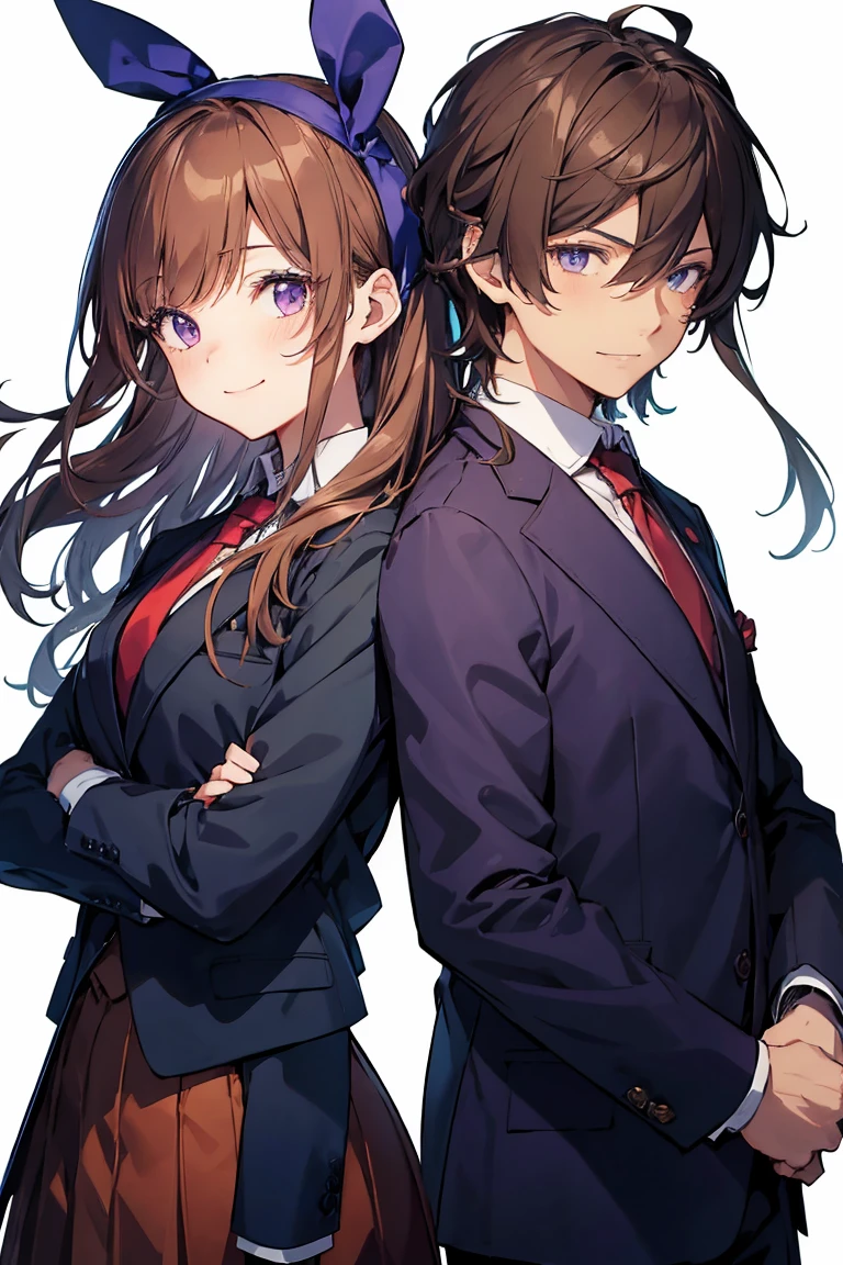 a drawing of an anime drawing featuring two people in suits and ties, 1girl, 1boy, brown hair, , necktie, skirt, purple eyes, jacket, green eyes, long hair, blue jacket, blazer, smile, bow, red bow, white background, hairband