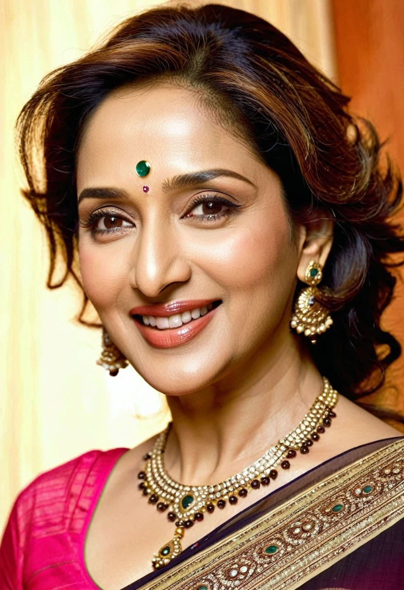 Madhuri Dixit Nene is known for her graceful and captivating appearance. She stands at 5 feet 4 inches tall (163 cm) with a slim physique. Her body measurements are reported as 36 inches (91 cm) for the bust, 27 inches (69 cm) for the waist, and 35 inches (89 cm) for the hips. She has a slim body type with a medium to fair complexion and a warm undertone.
Facially, Madhuri Dixit is distinguished by her classic Indian beauty. She has dark brown eyes that are large and expressive, complemented by well-defined eyebrows that are usually arched. Her nose is medium-sized with a gentle curve, and she is known for her full, smiling lips. Madhuri's hair, naturally dark brown to black, is often styled in soft waves or curls, framing her face elegantly.
Overall, Madhuri Dixit's facial features exude a blend of grace and charm, which have contributed to her status as one of Bollywood's most iconic and beloved actresses.Madhuri Dixit Nene has a heart-shaped face cut. Her facial structure is characterized by a wider forehead that narrows down to a gently pointed chin, which is typical of heart-shaped faces. This face shape enhances her facial features, contributing to her elegant and timeless appearance on screen.Madhuri Dixit is known for maintaining a slim and toned physique throughout her career. Reports indicate her waist measurement is approximately 27 inches (69 cm), which is considered slender and proportionate to her overall body type. Therefore, she is not described as having a chubby waist.Madhuri Dixit Nene was born on May 15, 1967, which makes her currently 57 years old as of 2024.
As for her bra size, it is reported to be 36B.Madhuri Dixit Nene's shoe size is generally reported to be US 8 (EU 38-39).
Madhuri Dixit is known for having long hair throughout much of her career. Her hair is typically dark brown to black and has been styled in various ways, including soft waves, curls, or straightened
Wearing bikni style blouse, transparent saree, indo western, at club