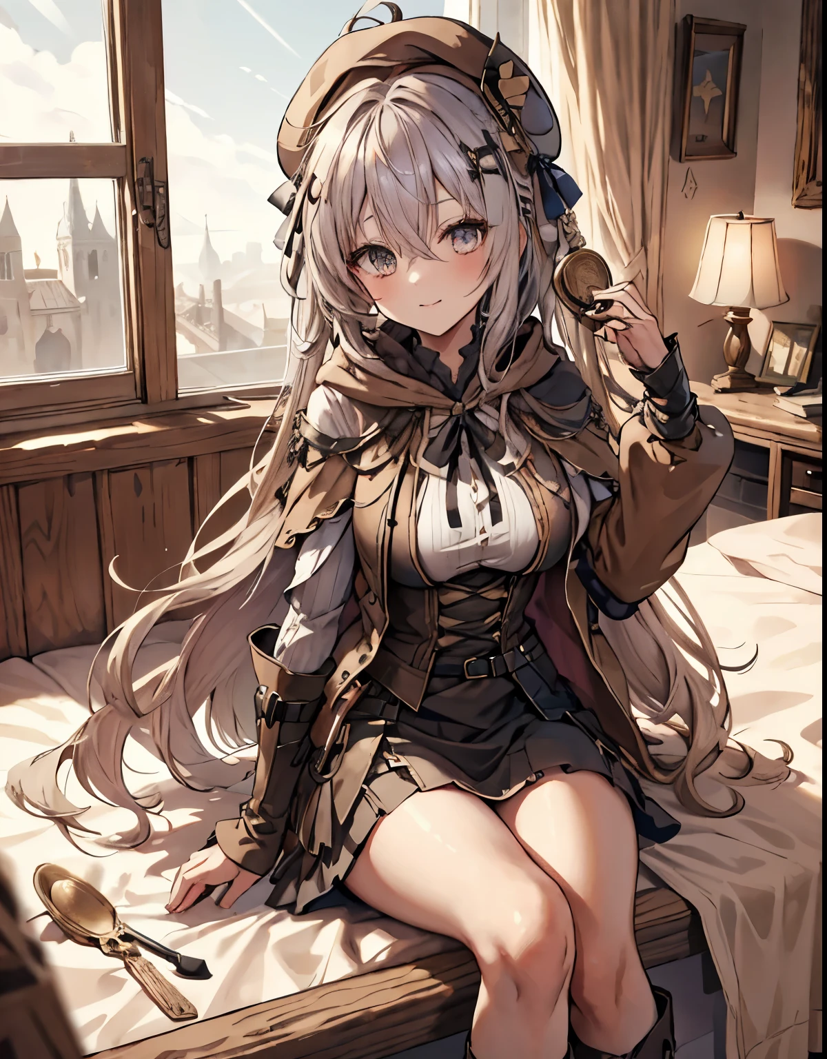 masterpiece,1girl, sparrow, a silver haired girl, wearing a medieval villager clothes, curly long hair, messy hair, black skirt, slim body, wearing hair ribbon, wearing brown capelet with hoody, big breasts, she close her left eye, shirt ornament, ****ppai, seductive expression, beautiful breasts, rounded breasts, crimson eyes, dress, miniskirt, sit in medieval bed, ahoge, seductive smile, breast armor, braid hair, invite to sit together, brown beret, brown vest, wearing monocle, azusa_bluearchive